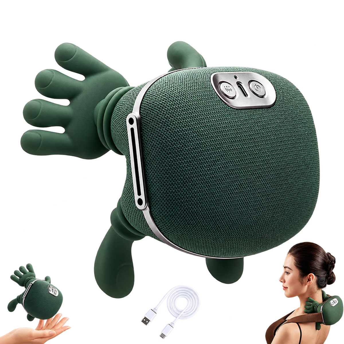 Masajeador cervical y de espalda 4D en verde, con cabezal de silicona en forma de mano, correa ajustable y cable de carga USB-C