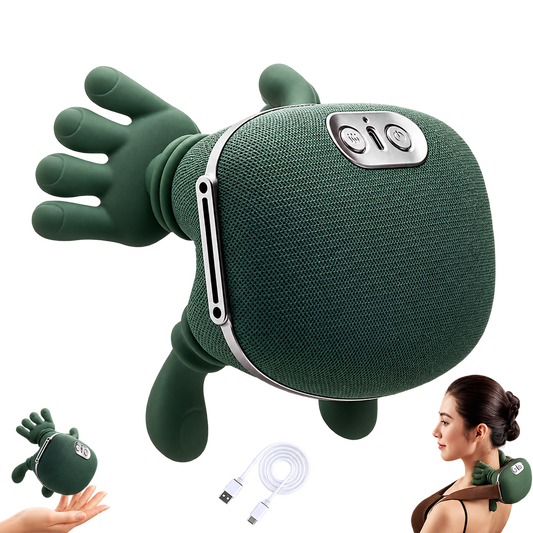 Masajeador cervical y de espalda 4D en verde, con cabezal de silicona en forma de mano, correa ajustable y cable de carga USB-C